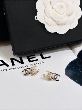 CHANEL Gold Double C Crystal Stud Earrings with Black Accents